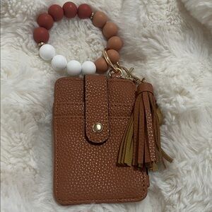 Brown Leather Card Holder with Tassel and Beaded Bracelet